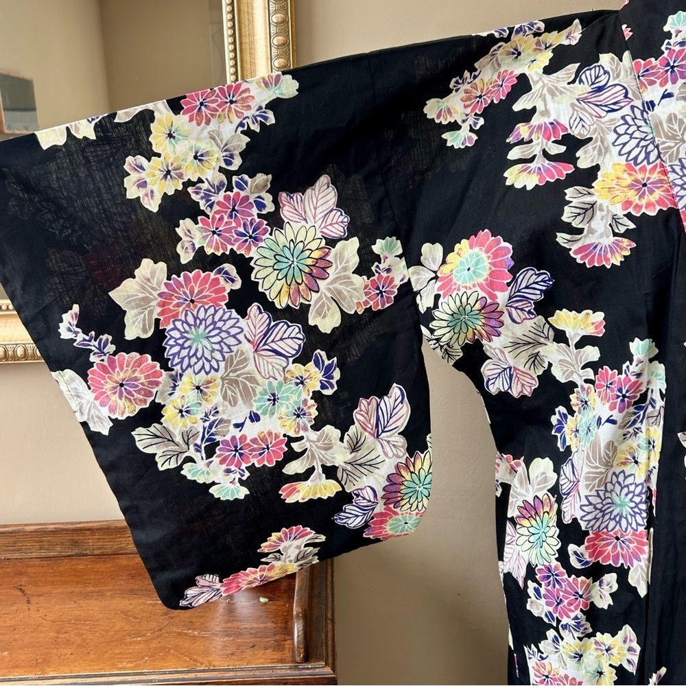 Japanese Floral Kimono Yukata Cotton Long Robe Black Multi Color Chrysanthemum - Picture 3 of 8